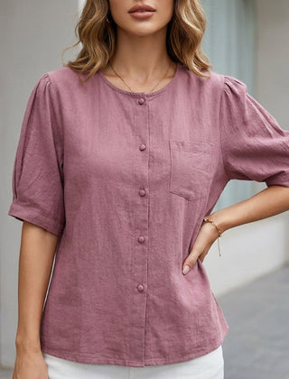 Purple summer blouse for women by Christine Brewer, short sleeve linen top with front pockets and relaxed fit.