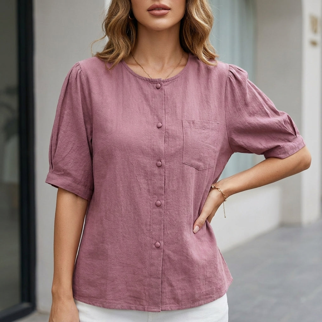 Purple summer blouse for women by Christine Brewer, short sleeve linen top with front pockets and relaxed fit.