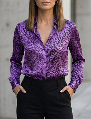 Purple printed summer blouse for women with long sleeves from Christine Brewer, stylish and lightweight top for warm weather.