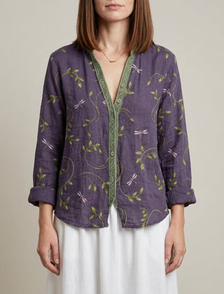 Purple floral summer blouse for women with V-neck and long sleeves, made of linen by Christine Brewer.