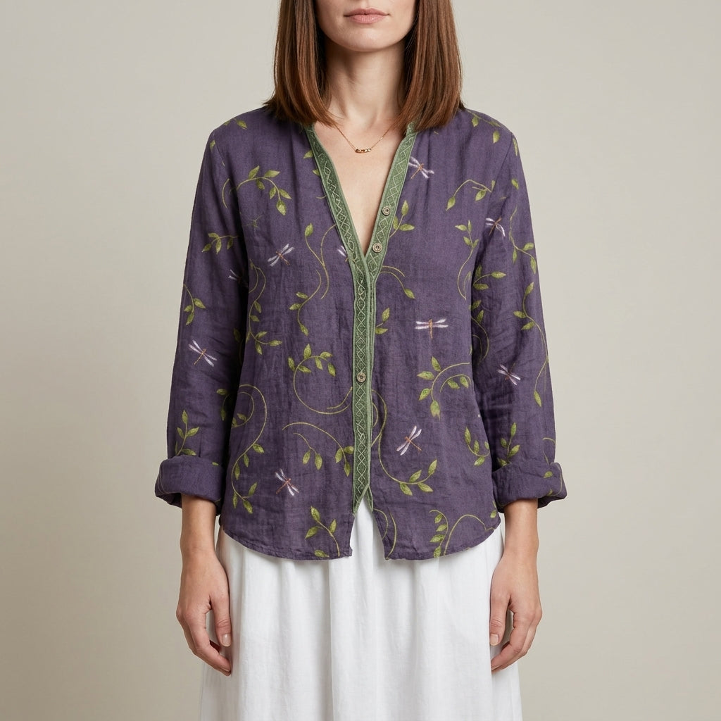 Purple floral summer blouse for women with V-neck and long sleeves, made of linen by Christine Brewer.