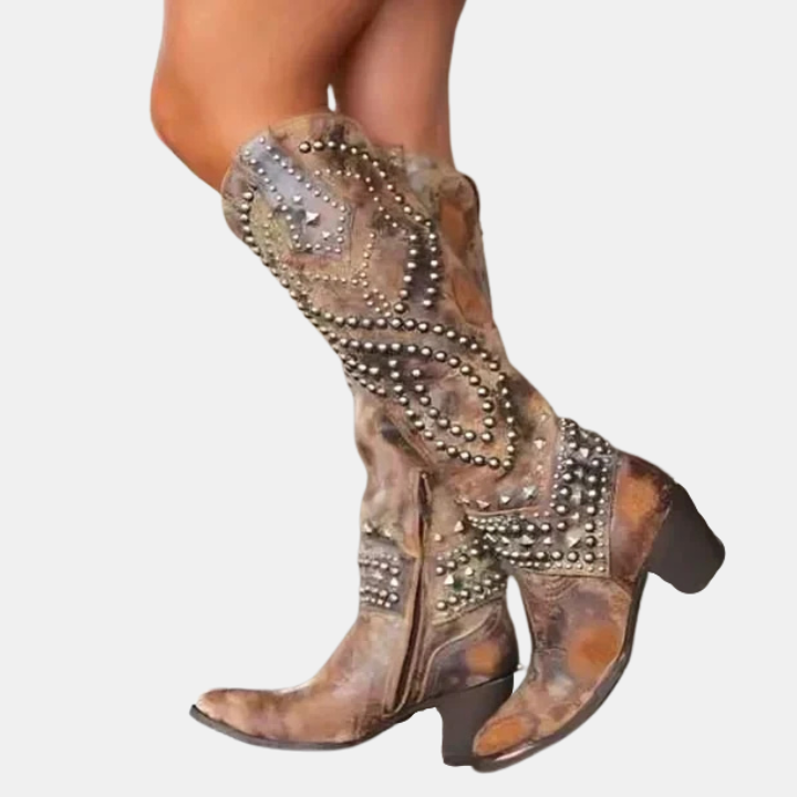 Alina | Cowboy Boots Western Boots Knee High Women Faux Leather Pointed Toe Block Heel