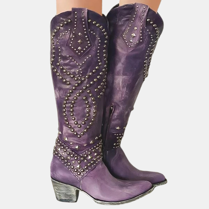 Alina | Cowboy Boots Western Boots Knee High Women Faux Leather Pointed Toe Block Heel