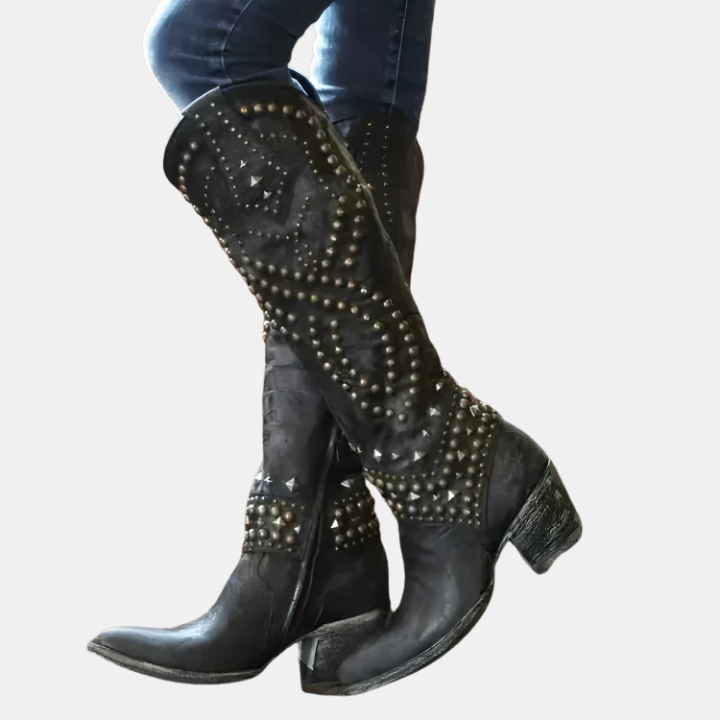 Alina | Cowboy Boots Western Boots Knee High Women Faux Leather Pointed Toe Block Heel