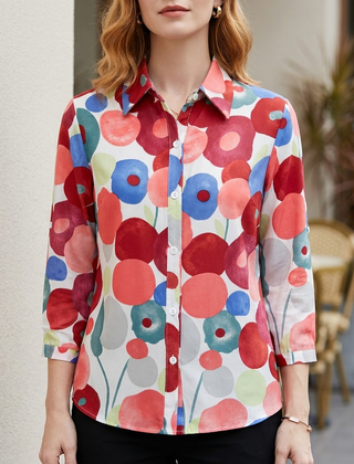 Red floral long sleeve denim summer blouse for women by Christine Brewer, featuring a casual and stylish top design.