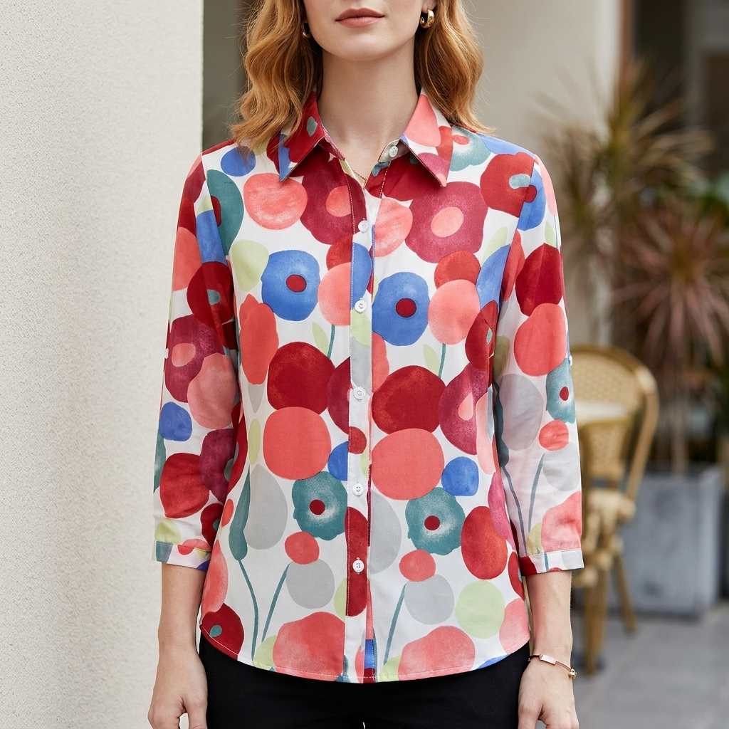 Red floral long sleeve denim summer blouse for women by Christine Brewer, featuring a casual and stylish top design.