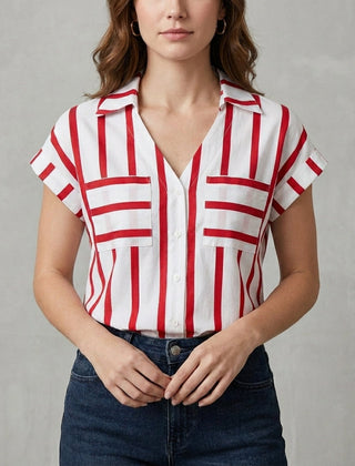 Red striped women's summer blouse with a V-neck from Christine Brewer, featuring a stylish and lightweight top for warm weather.