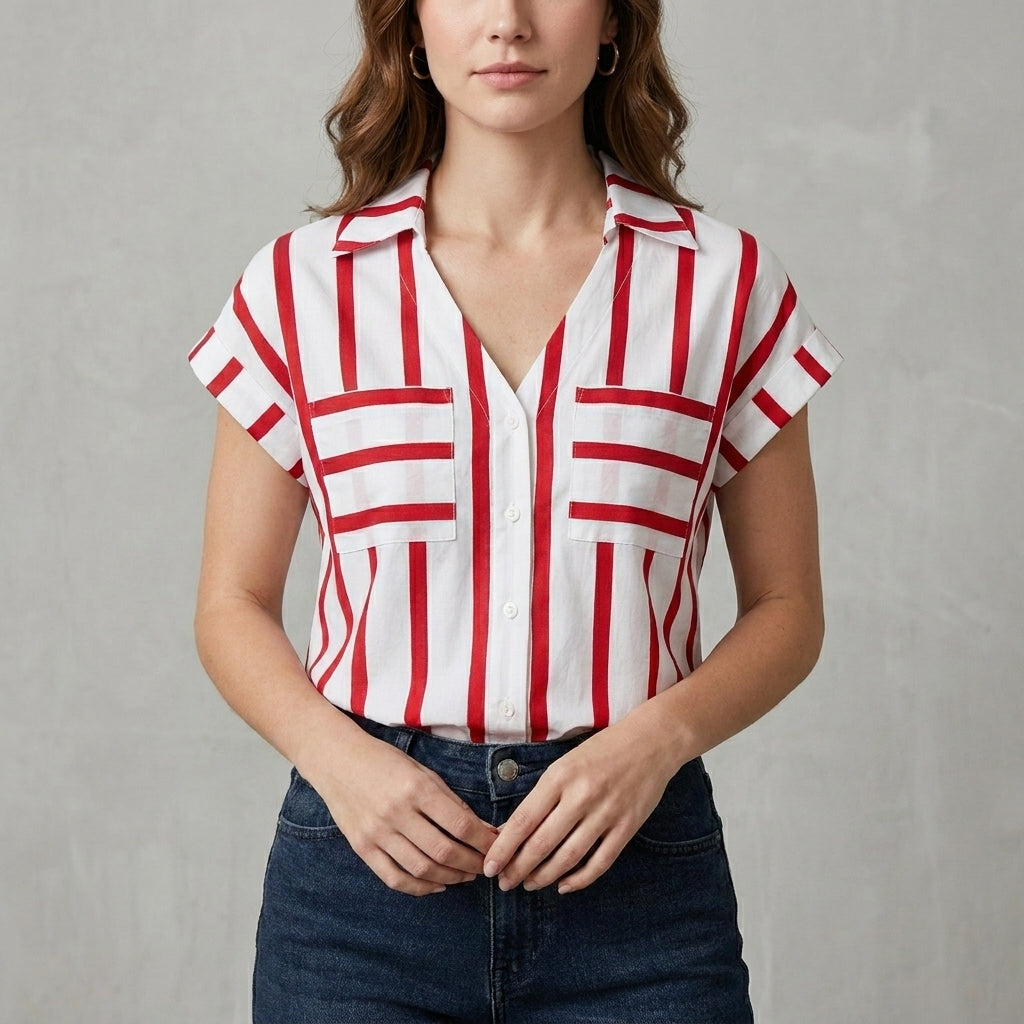 Red striped women's summer blouse with a V-neck from Christine Brewer, featuring a stylish and lightweight top for warm weather.