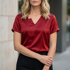 Red satin summer blouse for women with V-neck and short sleeves, casual and stylish from Christine Brewer.