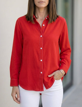 Red linen summer blouse for women with button-front design, stylish and lightweight top by Christine Brewer.