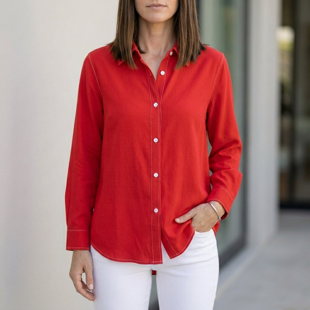 Red linen summer blouse for women with button-front design, stylish and lightweight top by Christine Brewer.