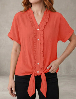 Red women's summer blouse by Christine Brewer featuring a V-neck, denim fabric, and ruffle details, casual top for warm weather.