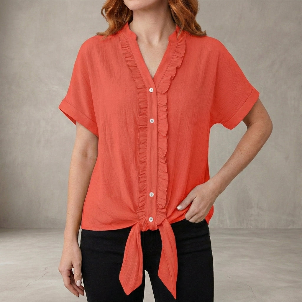 Red women's summer blouse by Christine Brewer featuring a V-neck, denim fabric, and ruffle details, casual top for warm weather.