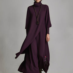 Purple cotton turtleneck maxi dress for women by Christine Brewer, featuring a fitted bodice and flowing skirt.