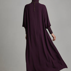 Purple cotton turtleneck maxi dress for women by Christine Brewer, featuring a flowing silhouette and long sleeves.