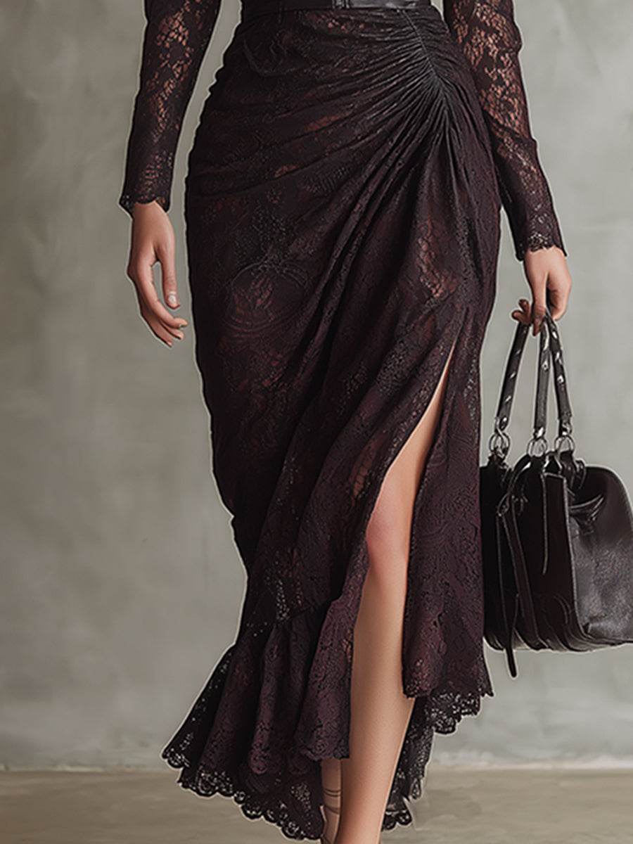 Red faux leather maxi dress by Christine Brewer, flowing evening dress with a sleek silhouette and elegant design.