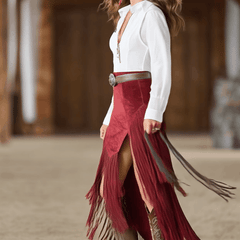 Red faux suede midi dress with slit, casual style by Christine Brewer, featuring a fitted silhouette and sleeveless design.