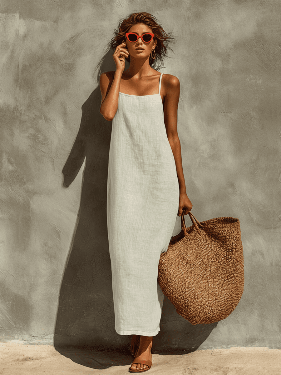 Red linen dress for women by Christine Brewer, casual style with sleeveless design and relaxed fit, shown on a model.