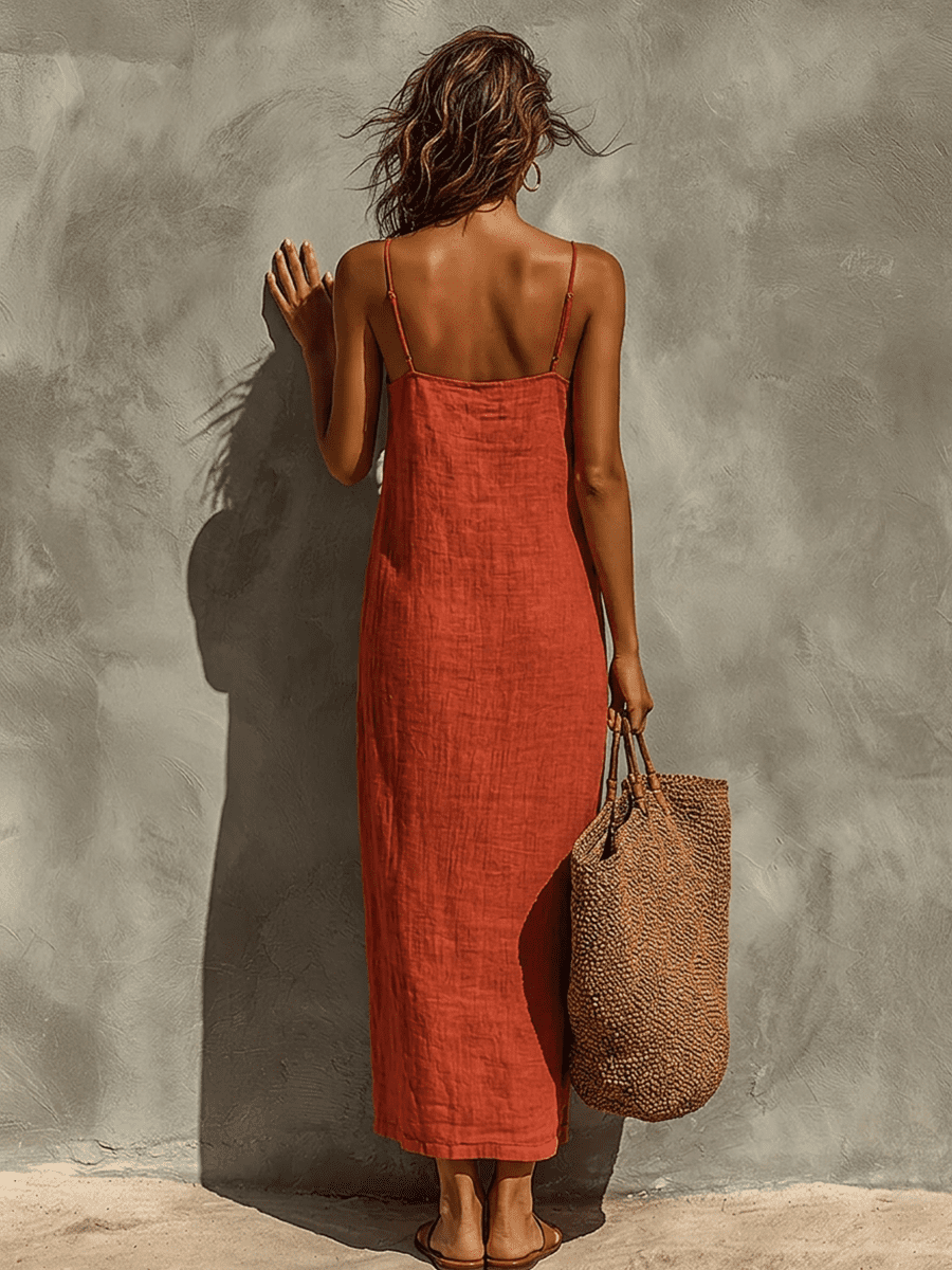 Red linen dress for women by Christine Brewer, casual sleeveless dress with a relaxed fit and flowy fabric.