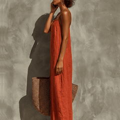 Red linen dress for women by Christine Brewer, casual sleeveless dress with a relaxed fit and simple design.