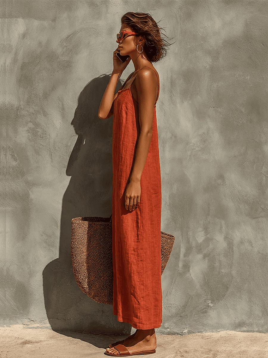 Red linen dress for women by Christine Brewer, casual sleeveless dress with a relaxed fit and simple design.