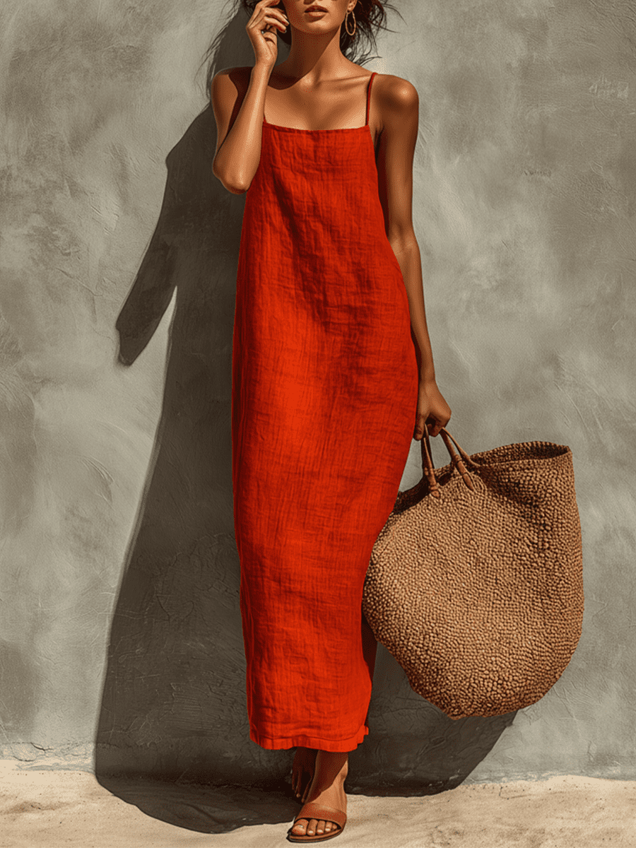Red linen dress for women by Christine Brewer, casual style with a relaxed fit and sleeveless design.