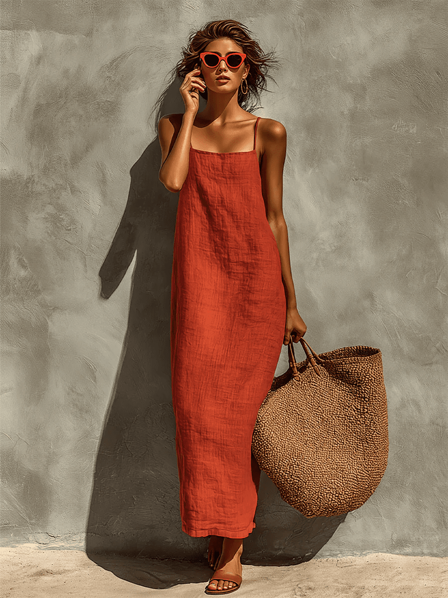 Red linen dress for women by Christine Brewer, casual style with a relaxed fit and sleeveless design, shown on a model.