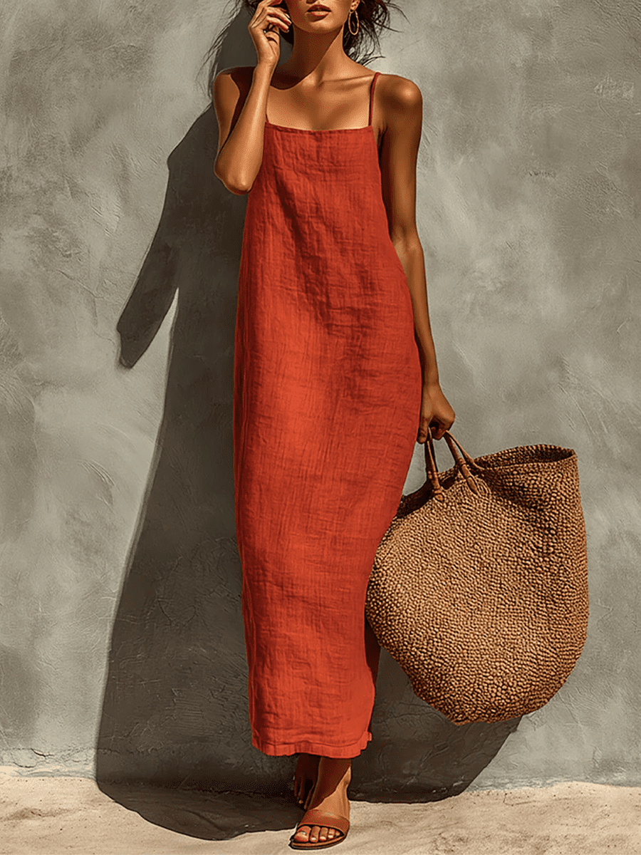 Red linen dress for women by Christine Brewer, casual sleeveless dress with a relaxed fit and v-neck, perfect for warm weather.