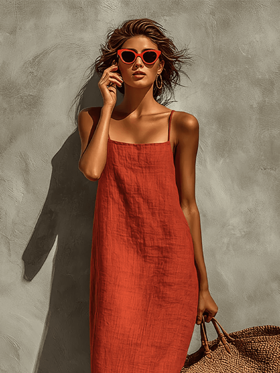 Red linen dress for women by Christine Brewer, casual style with a flowing fit and simple design, shown on a model.