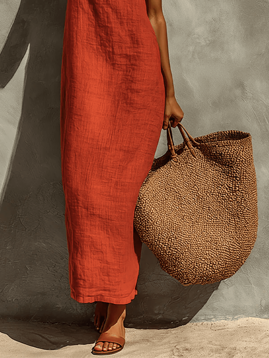 Red linen dress for women by Christine Brewer, casual sleeveless dress with a relaxed fit and lightweight fabric.