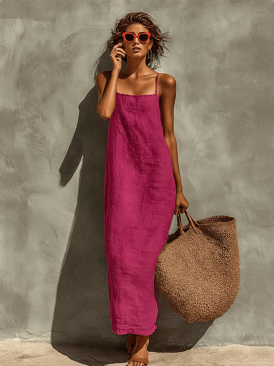 Red linen dress for women by Christine Brewer, casual style with a relaxed fit and sleeveless design.