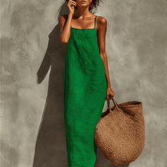 Red linen dress for women by Christine Brewer, casual style with a relaxed fit and sleeveless design.