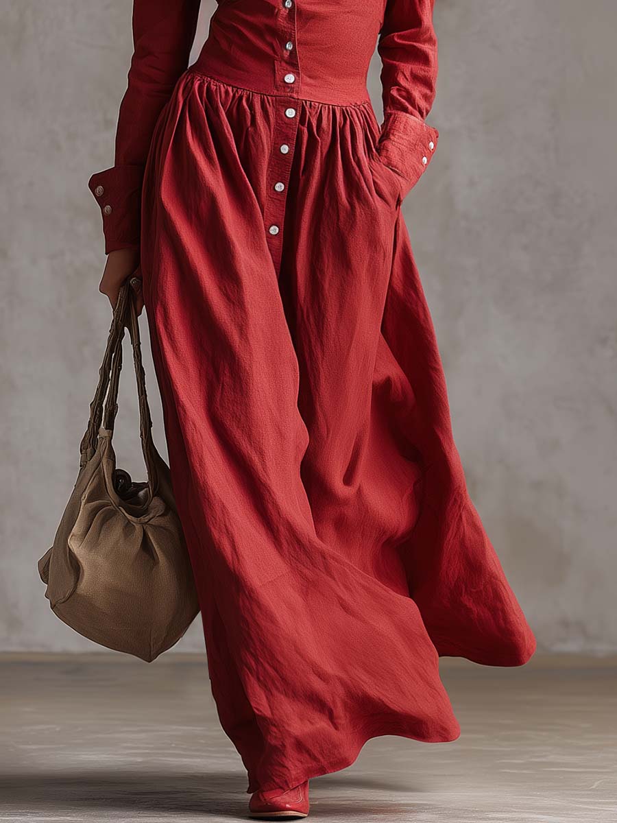 Red linen maxi dress by Christine Brewer, casual style with flowing fabric and sleeveless design, perfect for warm weather.