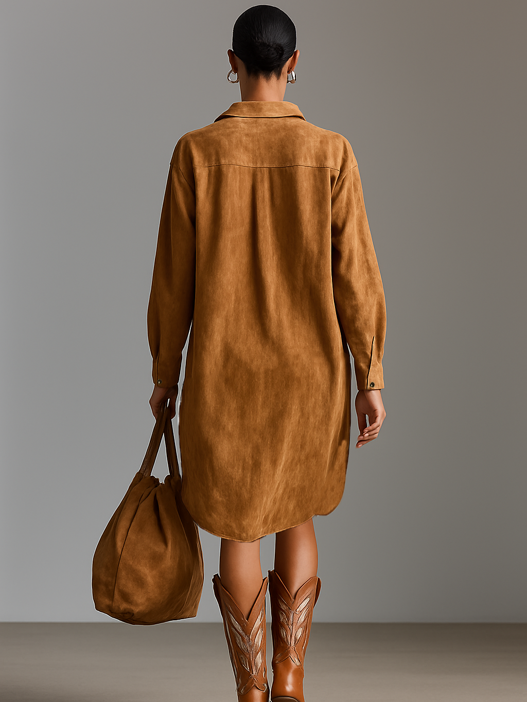 Red suede V-neck midi dress for women by Christine Brewer, featuring a fitted silhouette and elegant V-neck design.