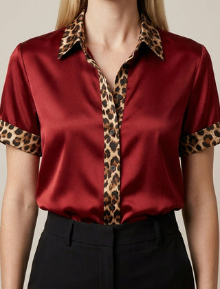Red leopard print summer blouse for women by Christine Brewer, short sleeve top with stylish, breathable fabric.