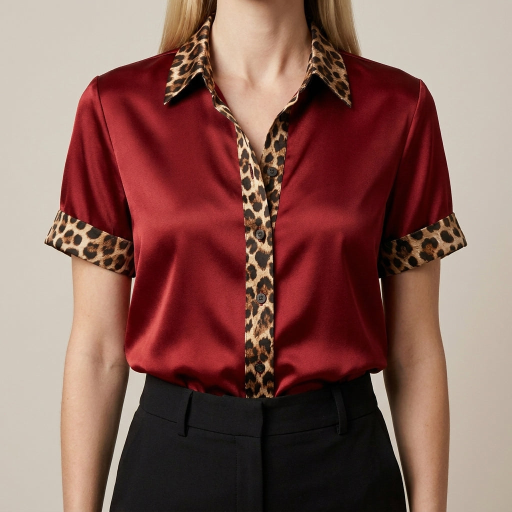 Red leopard print summer blouse for women by Christine Brewer, short sleeve top with stylish, breathable fabric.