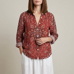 Red floral V-neck long sleeve linen blouse for women by Christine Brewer, featuring a stylish summer top with a relaxed fit.