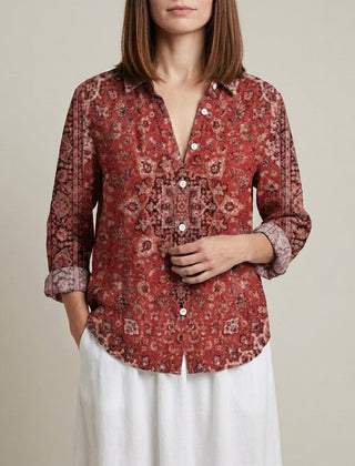 Red floral V-neck long sleeve linen blouse for women by Christine Brewer, featuring a stylish summer top with a relaxed fit.