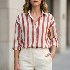 Red striped long sleeve summer blouse for women by Christine Brewer, featuring a lightweight, casual top with a relaxed fit.