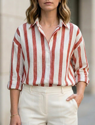 Red striped long sleeve summer blouse for women by Christine Brewer, featuring a lightweight, casual top with a relaxed fit.