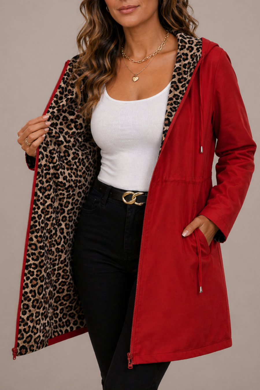 Reversible women's long hooded coat by Christine Brewer, stylish double-sided coat with hood and warm, versatile design.