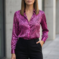 Rose red summer blouse for women with print and long sleeves, from Christine Brewer, stylish and lightweight top for warm weather.