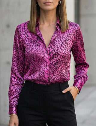 Rose red summer blouse for women with print and long sleeves, from Christine Brewer, stylish and lightweight top for warm weather.