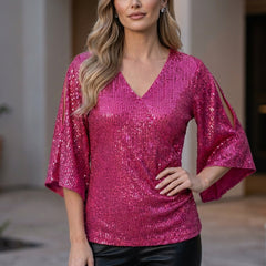 Rose red women's summer blouse with V-neck and sequin details, Christine Brewer top for stylish warm-weather wear.