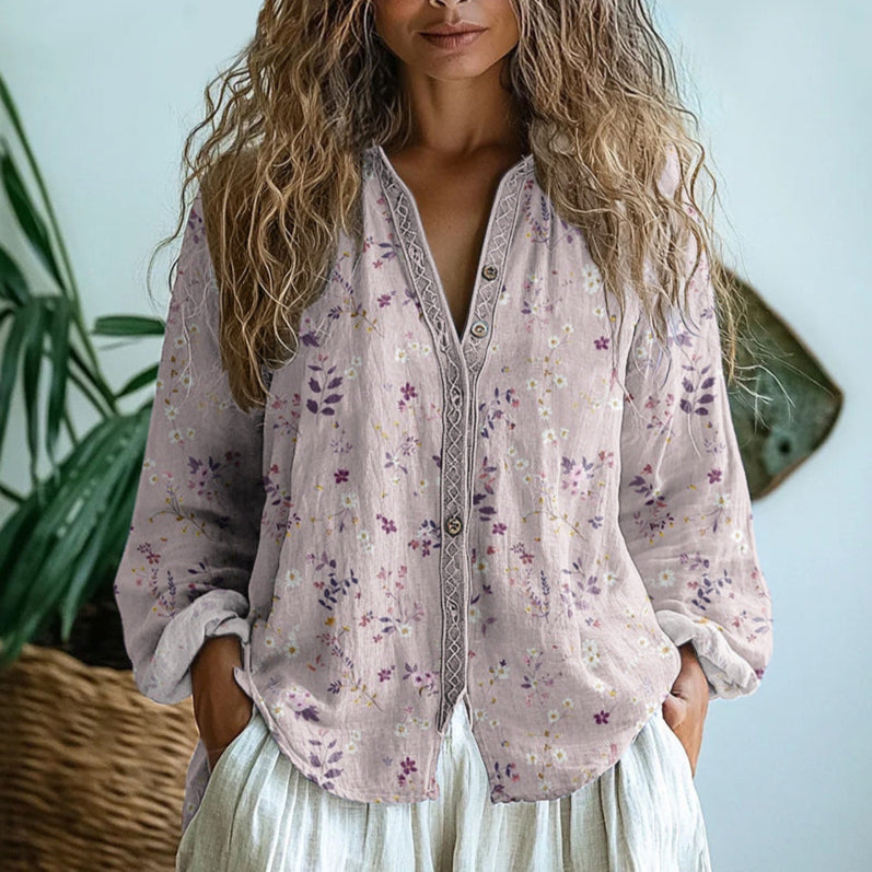 Pink graphic blouse for women by Christine Brewer, featuring stylish design and comfortable fit, shown on a model.