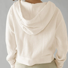 Mia cropped hooded women's hoodie by Christine Brewer, featuring a cozy fit and casual style, shown in the image.