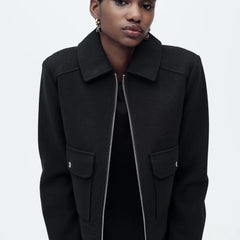 Women’s Isla cropped zip-up utility jacket by Christine Brewer, featuring a stylish design with multiple pockets and a modern fit.