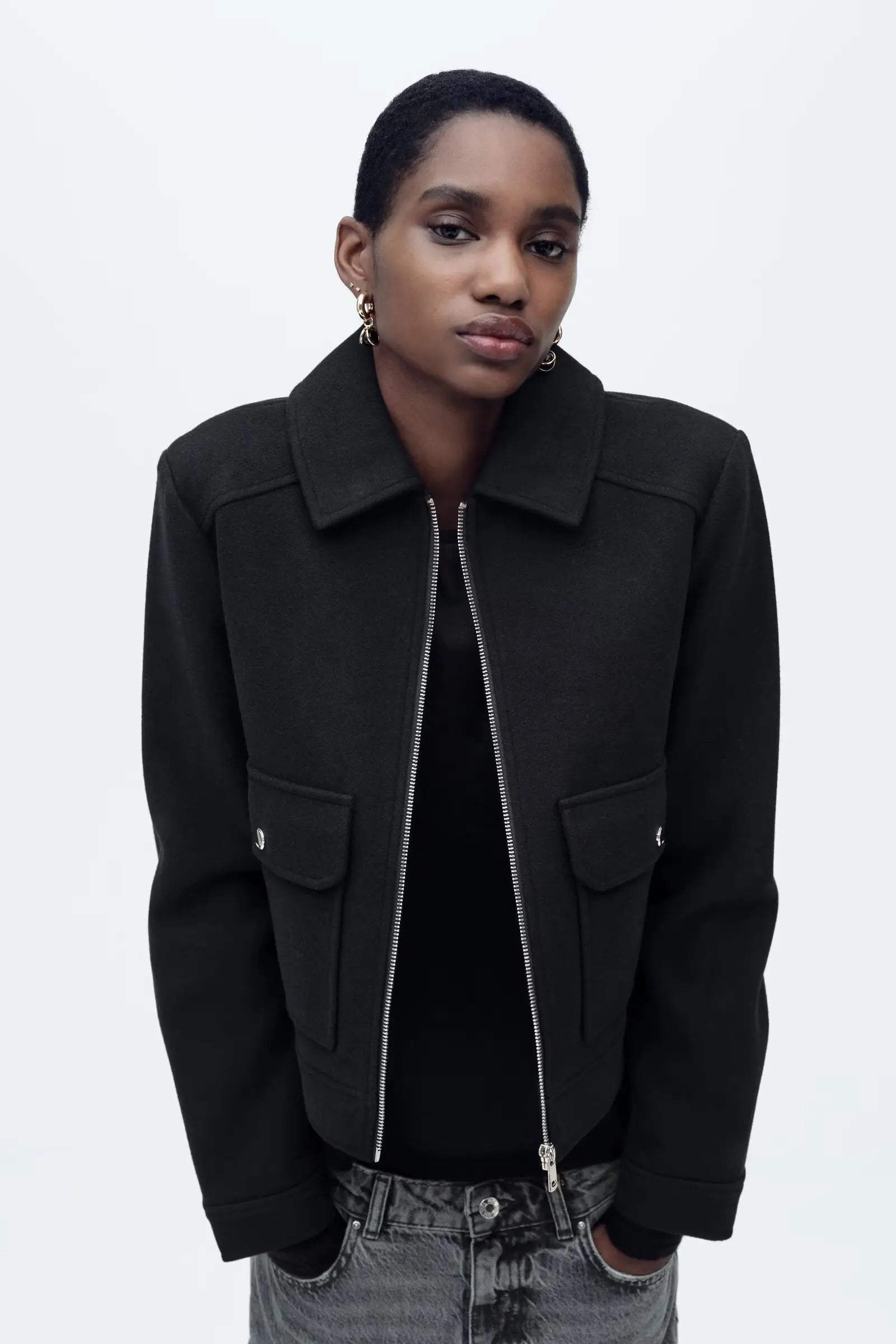 Women’s Isla cropped zip-up utility jacket by Christine Brewer, featuring a stylish design with multiple pockets and a modern fit.