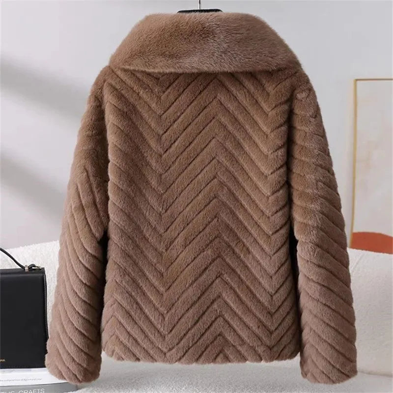Christine Brewer Nova short faux fur coat for women, stylish and cozy with plush fur texture, black color, front view.