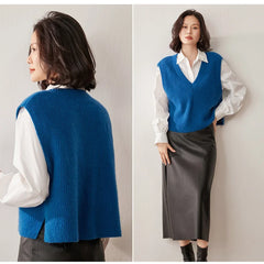 Cashmere ribbed knit sweater vest for women by Christine Brewer, featuring a cozy, stylish design in neutral tones.